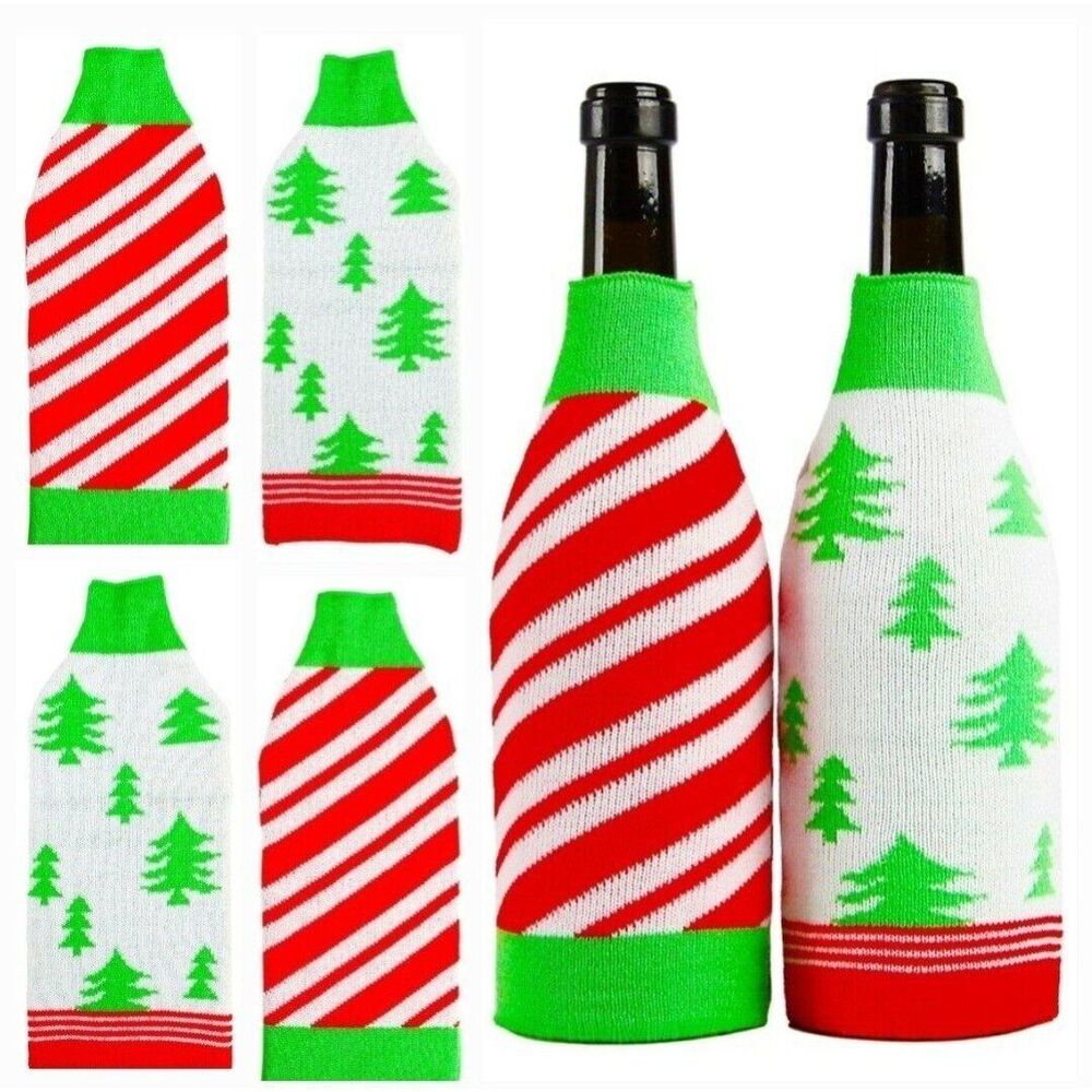 4pk CHRISTMAS SWEATER Wine Bottle Covers Red Green White Tree Candy Stripes NEW